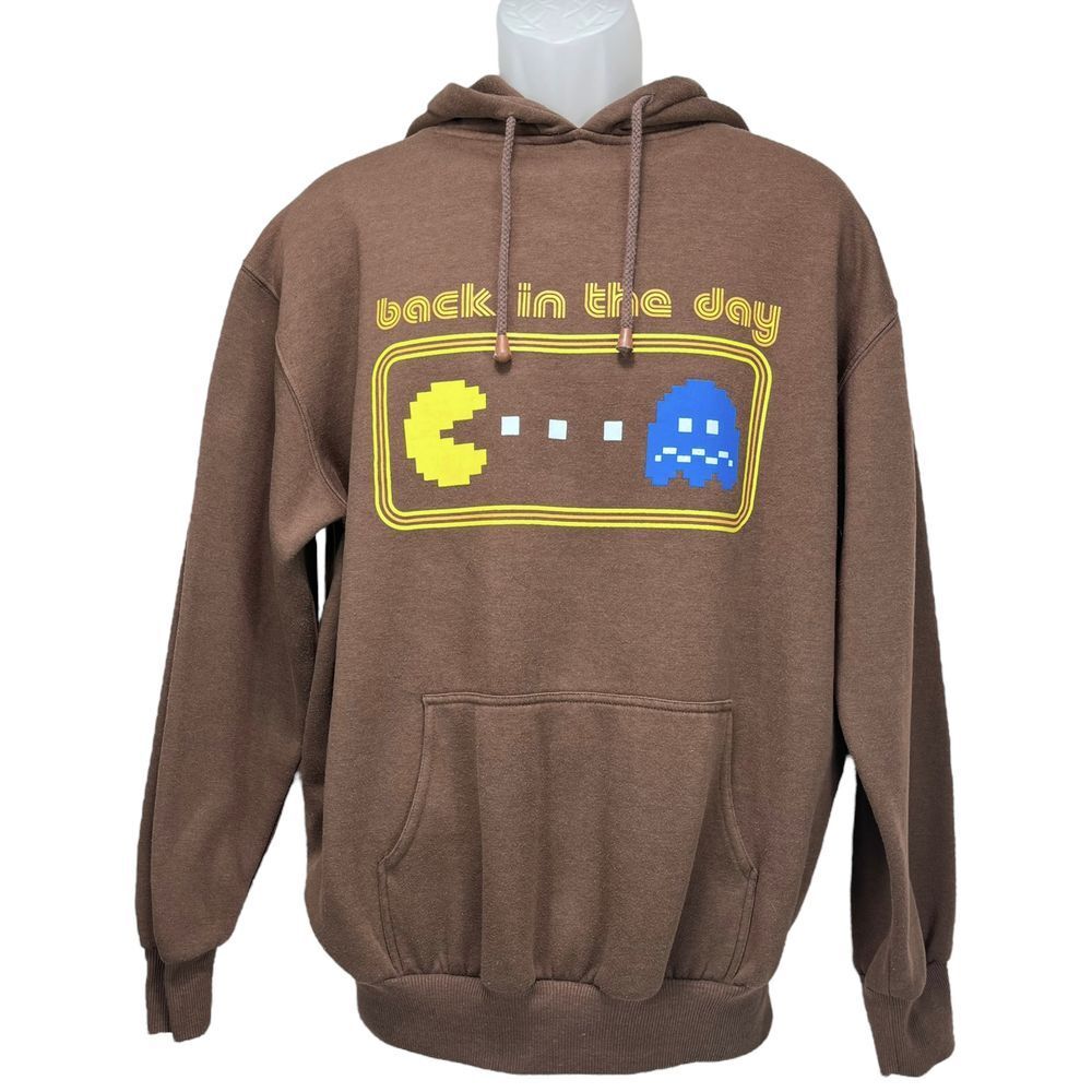 Pac Man Men's Large Back in The Days Y2K Brown Hoodie Pullover‎ Sweatshirt